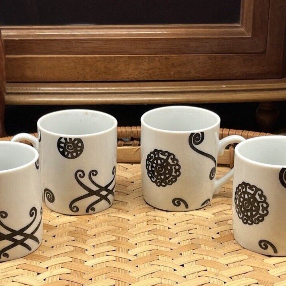 Set of 4  Pottery Barn Fez Expresso Cups & Saucers Black & White Made in Japan